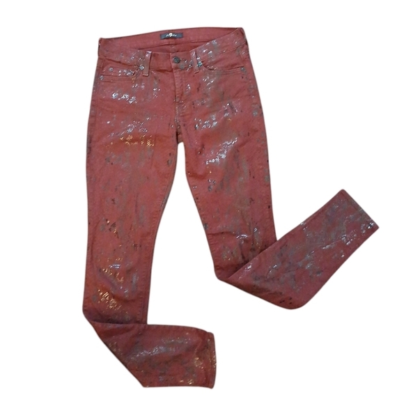 7 For All Mankind Denim - 7 For All Mankind Burgundy Metallic Snakeskin Stretch Skinny Jeans size 27